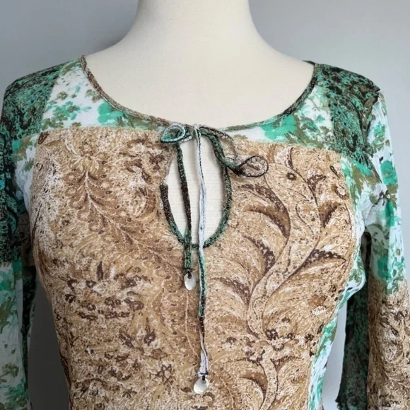 Roberto Cavalli Class Mesh 3/4‎ sleeves Parsley Floral cheetah Print Top Beach - Picture 2 of 11